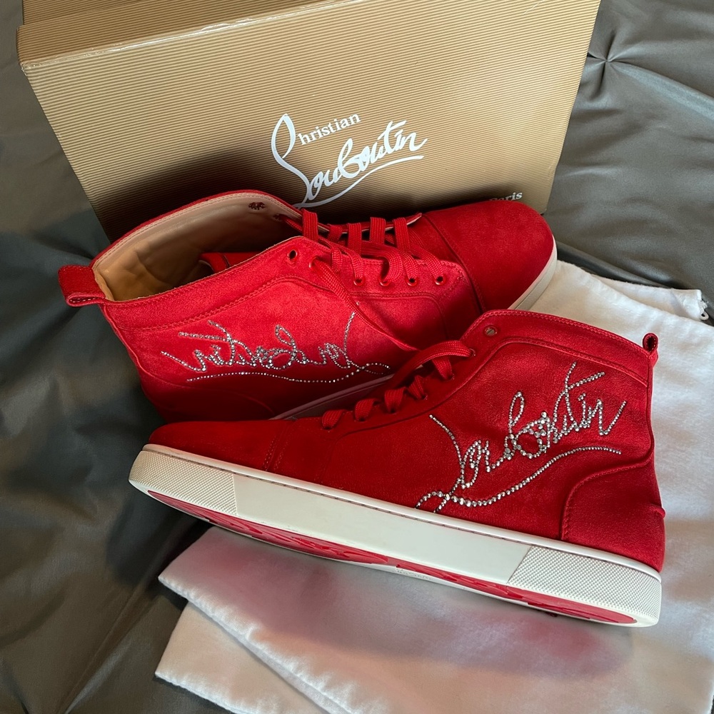Christian Louboutin Louis Strass Red Suede High Top Sneakers